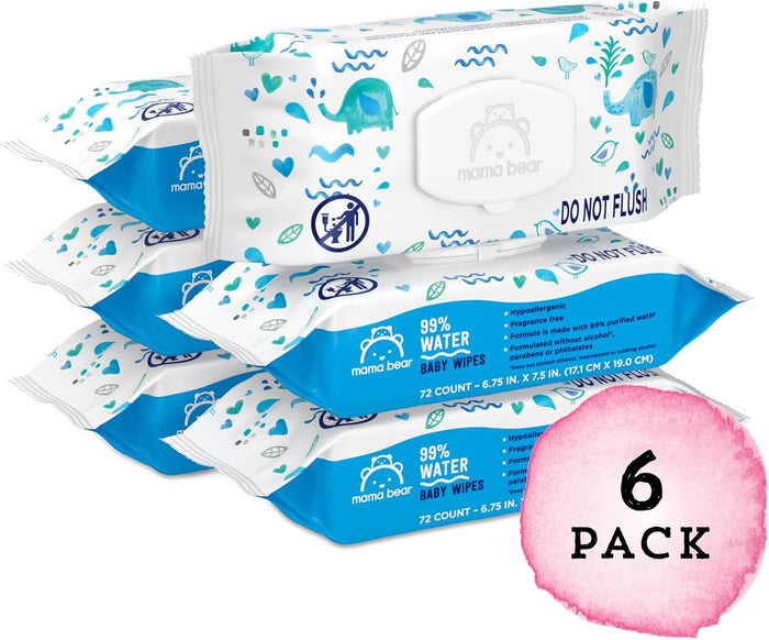 Amazon Brand - Mama Bear 99% Water Baby Wipes, Hypoallergenic, Fragrance Free,72 Count (Pack of 6)