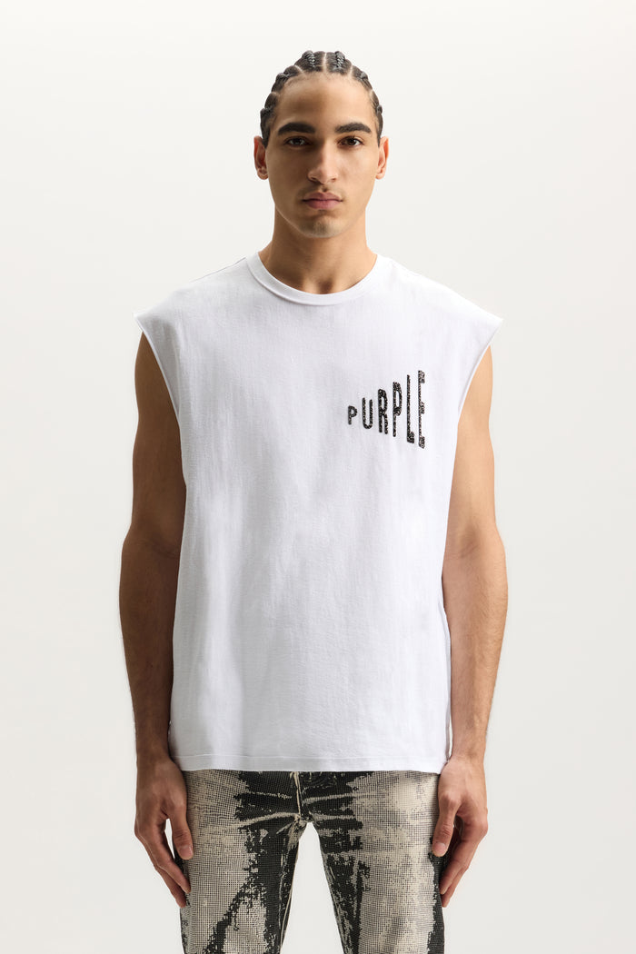Amplified Tank Top in white, textured jersey, made of 100% cotton, available in various sizes.