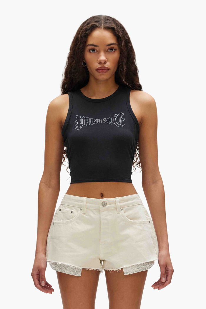 Arched Gothic Tank Top in slim fit with crewneck and purple lettering, studded with crystals.
