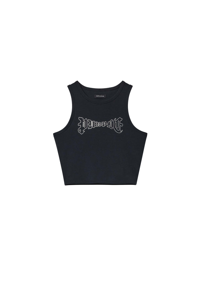 Arched Gothic Tank Top with cropped hem and Purple brand lettering, available in XXS-XL.