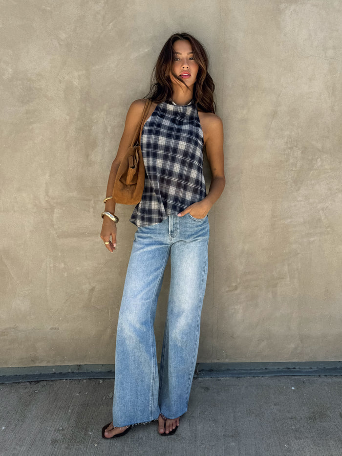Aster Plaid Halter Top in Navy - Stitch And Feather