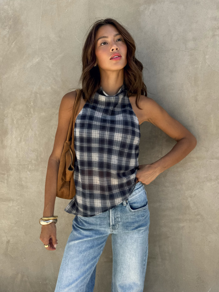 Aster Plaid Halter Top in Navy - Stitch And Feather