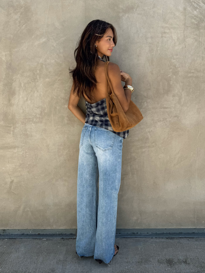 Aster Plaid Halter Top in Navy - Stitch And Feather