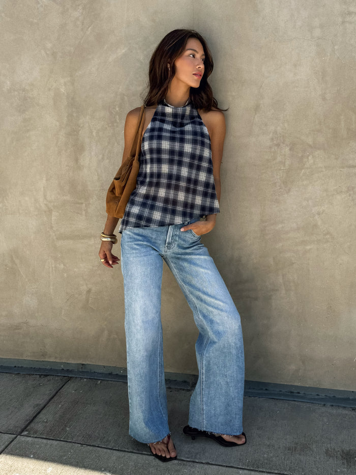 Aster Plaid Halter Top in Navy - Stitch And Feather