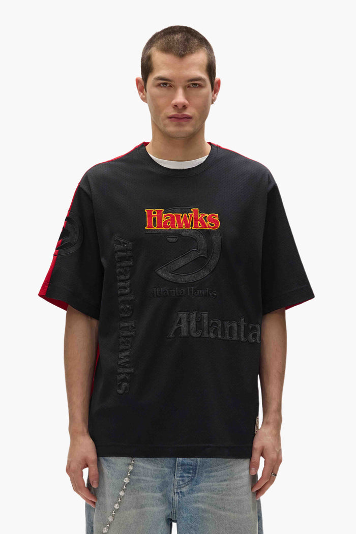Atlanta Hawks Mesh Tee with embroidered graphics and raw edge finish, available in various sizes.