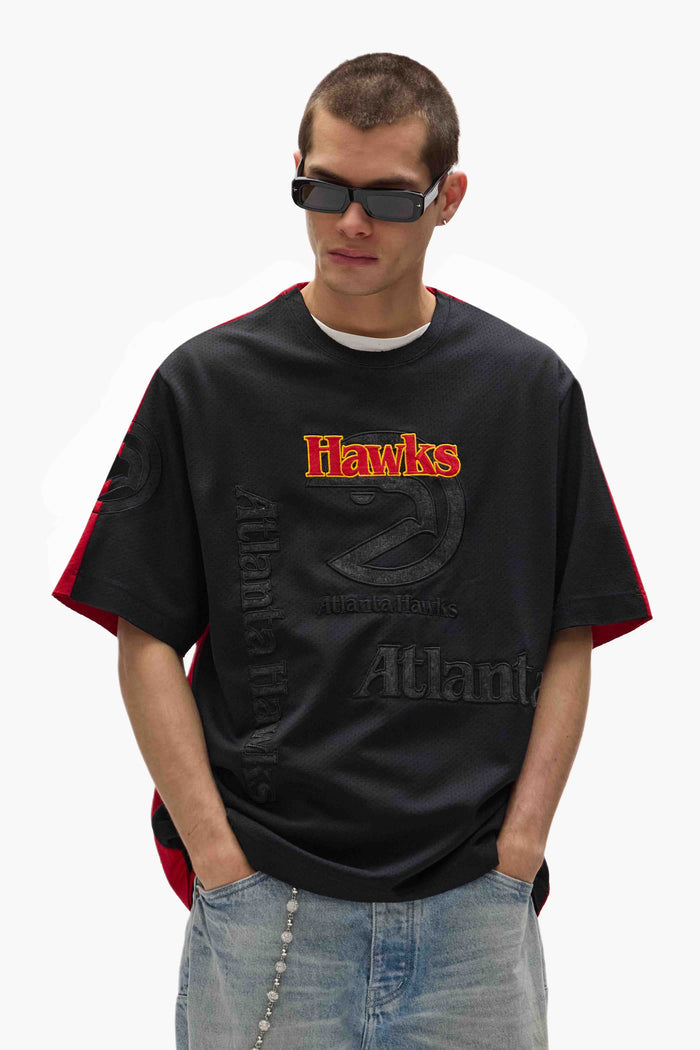 Atlanta Hawks Mesh Tee with embroidered graphics in polyester sport mesh material.