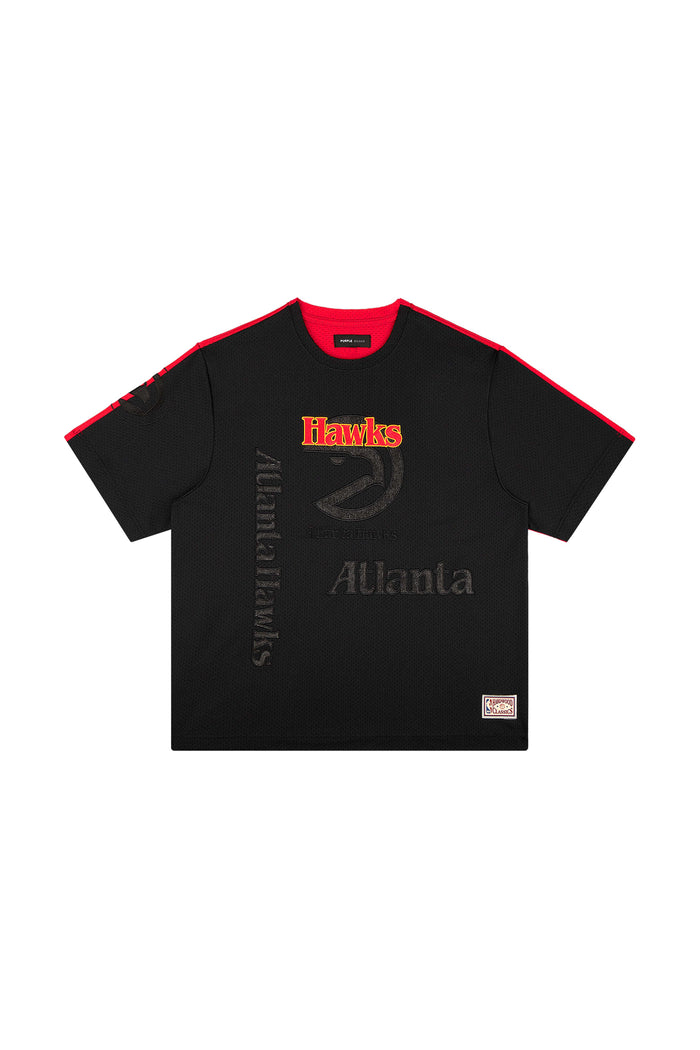 Atlanta Hawks Mesh Tee with embroidered graphics and contrast color details, available in various sizes.