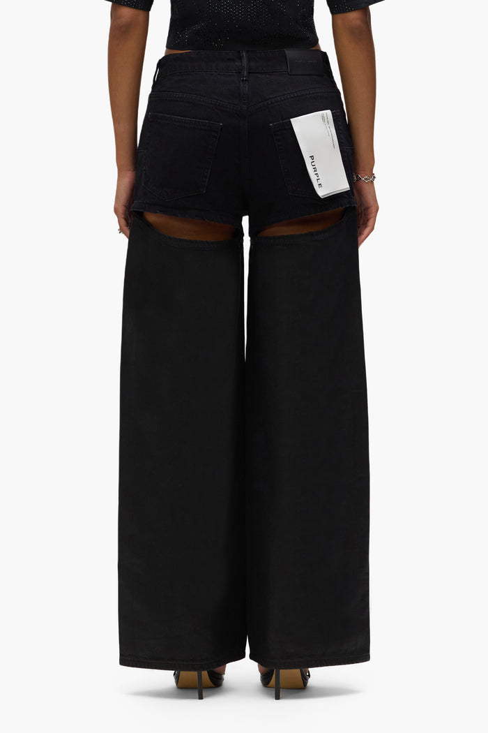 Baggy Two Piece Coated denim pants with coated bottom legs and reinforced belt loops.
