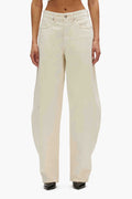 Barrel Fit Jean denim in various sizes with high rise and wide leg, featuring four pockets.
