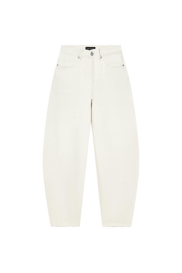 Barrel Fit Jean with high rise, wide leg, and zip-fly in off-white color.