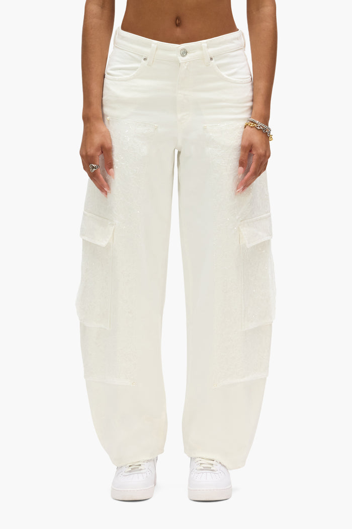 Barrel Lace Carpenter denim with sequin lace panels and cargo pockets, sizes 24 to 34.