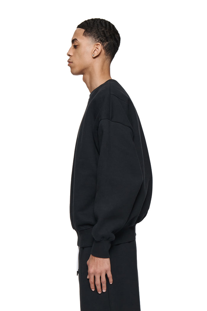 Basic Crewneck Sweater in purple, oversized fit, 100% cotton, heavyweight fleece knit.