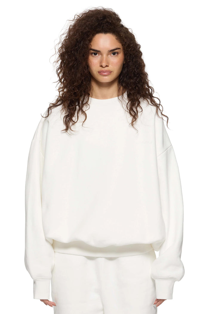 Basic Crewneck Sweater in Ivory, oversized fit, dropped shoulder, 100% cotton fleece knit.