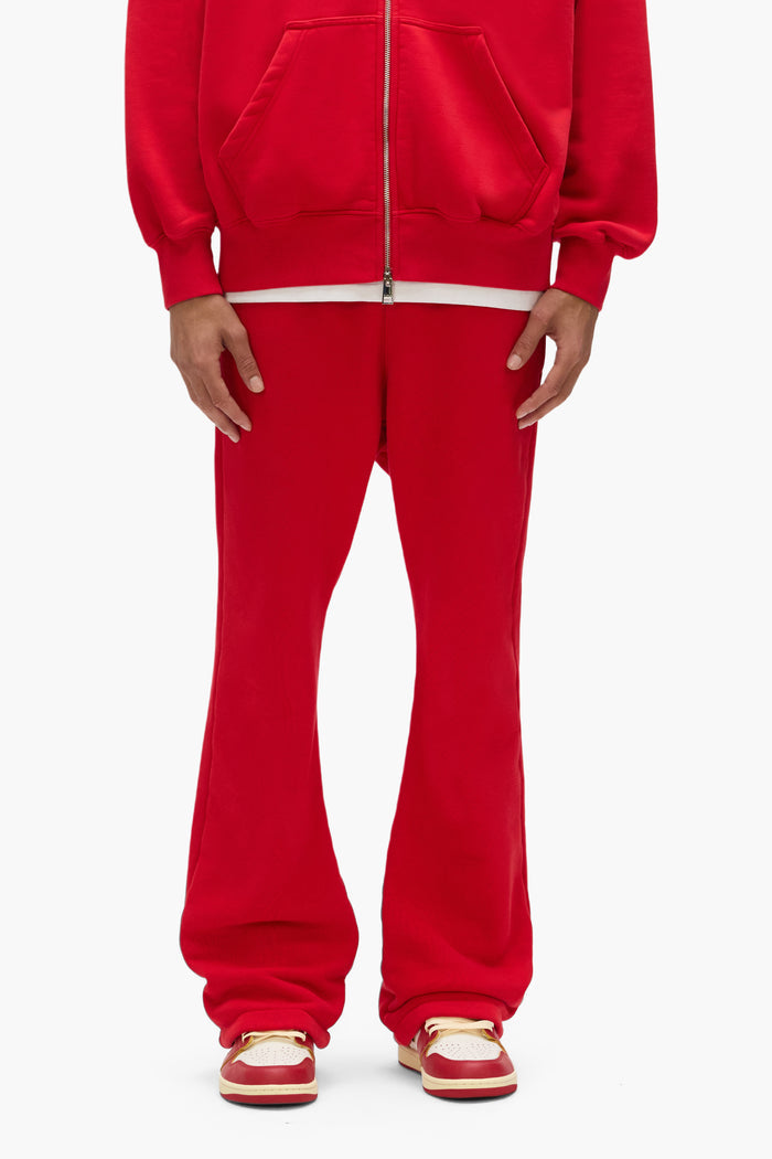Basic Flared Sweatpant in red, relaxed fit, 100% cotton, heavyweight fleece, available in multiple sizes.