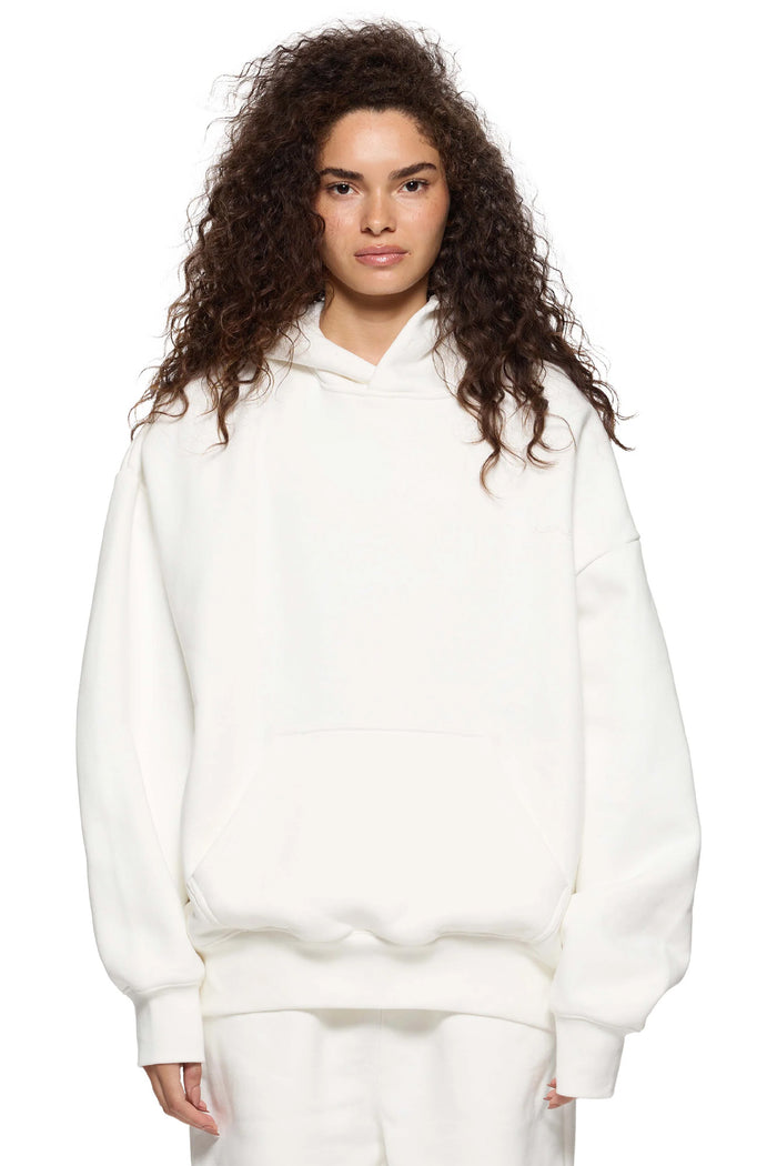 Basic Hoodie Sweatshirt in Ivory with oversized fit and dropped shoulder design.