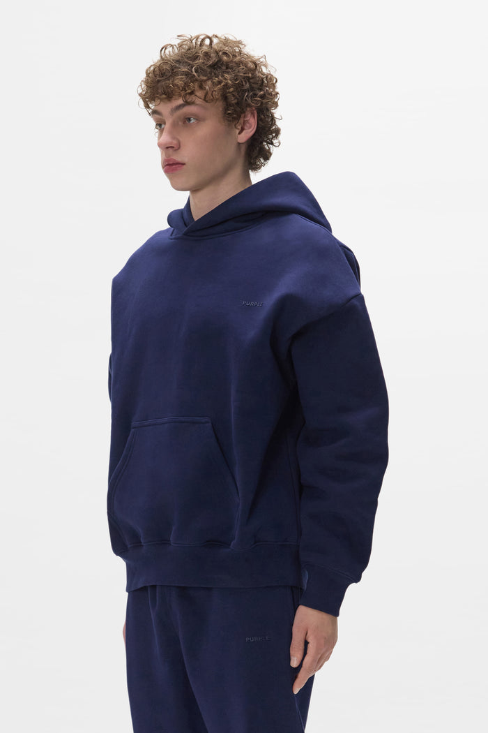 Basic Hoodie in Navy, oversized fit with dropped shoulder and Basics logo. Size XXS to XXL.