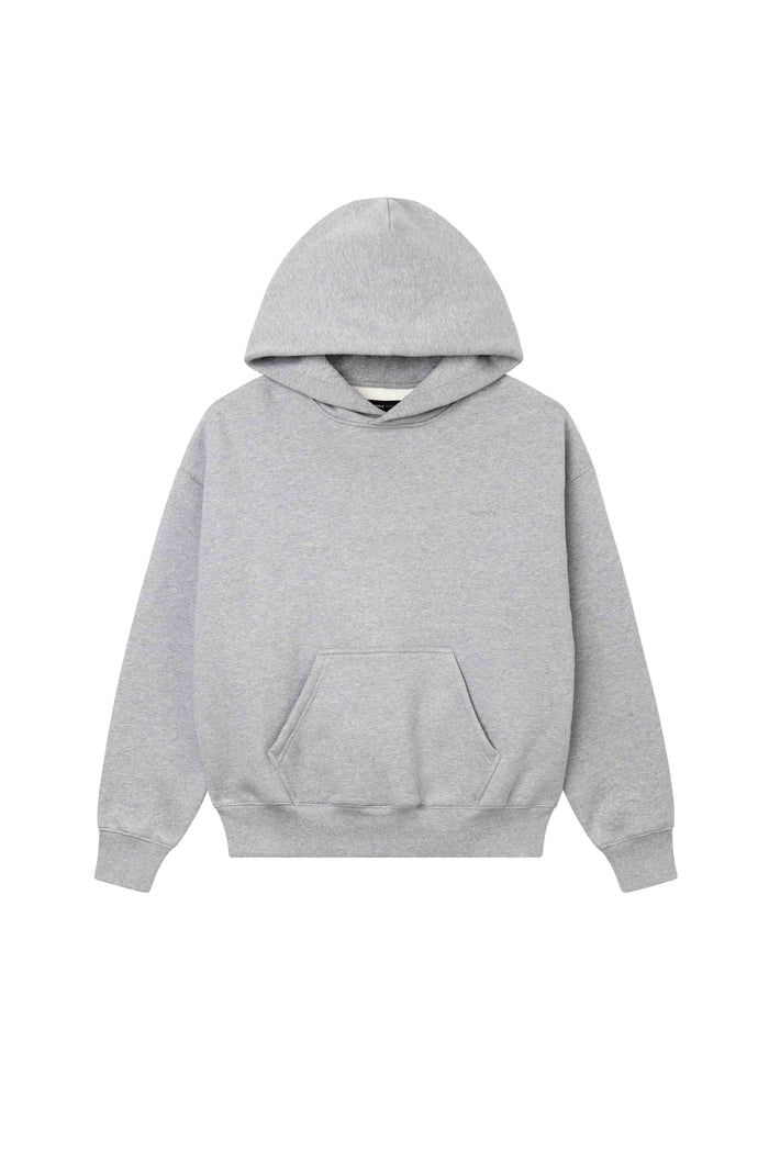 Basic Hoodie in Grey, oversized fit, 100% cotton, heavyweight fleece knit, dropped shoulder.
