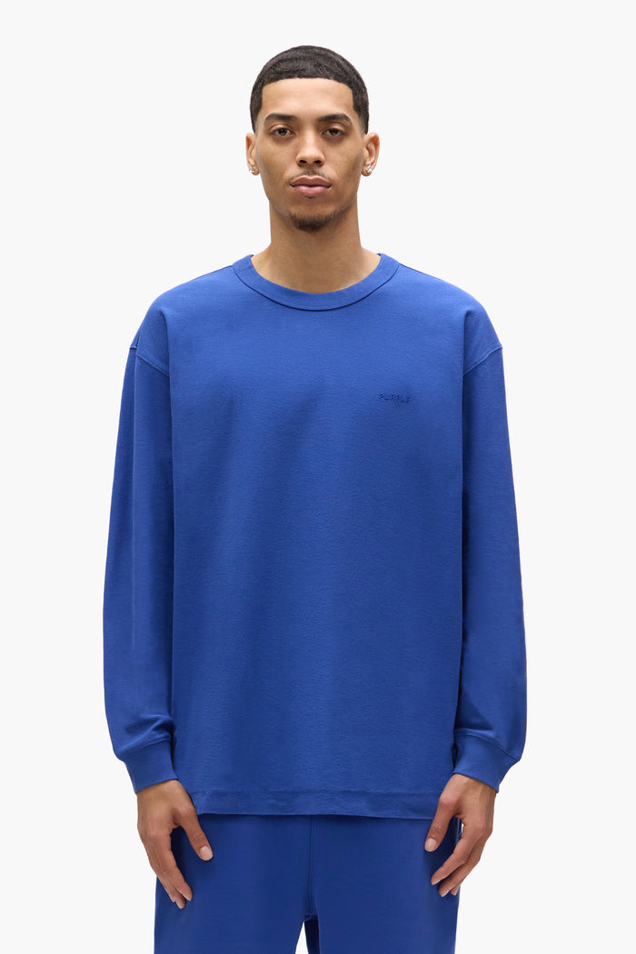 Basic Long Sleeve Tee in blue with textured jersey knit and regular fit.