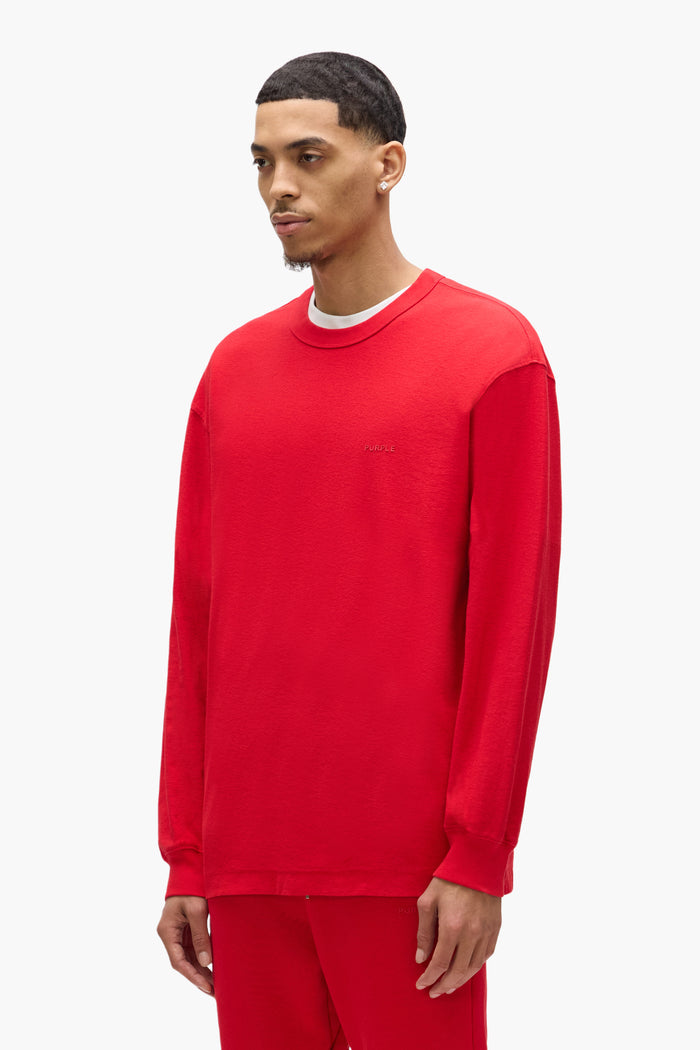 Basic Long Sleeve Tee in Red, 100% Cotton, Regular Fit, Textured Jersey Knit