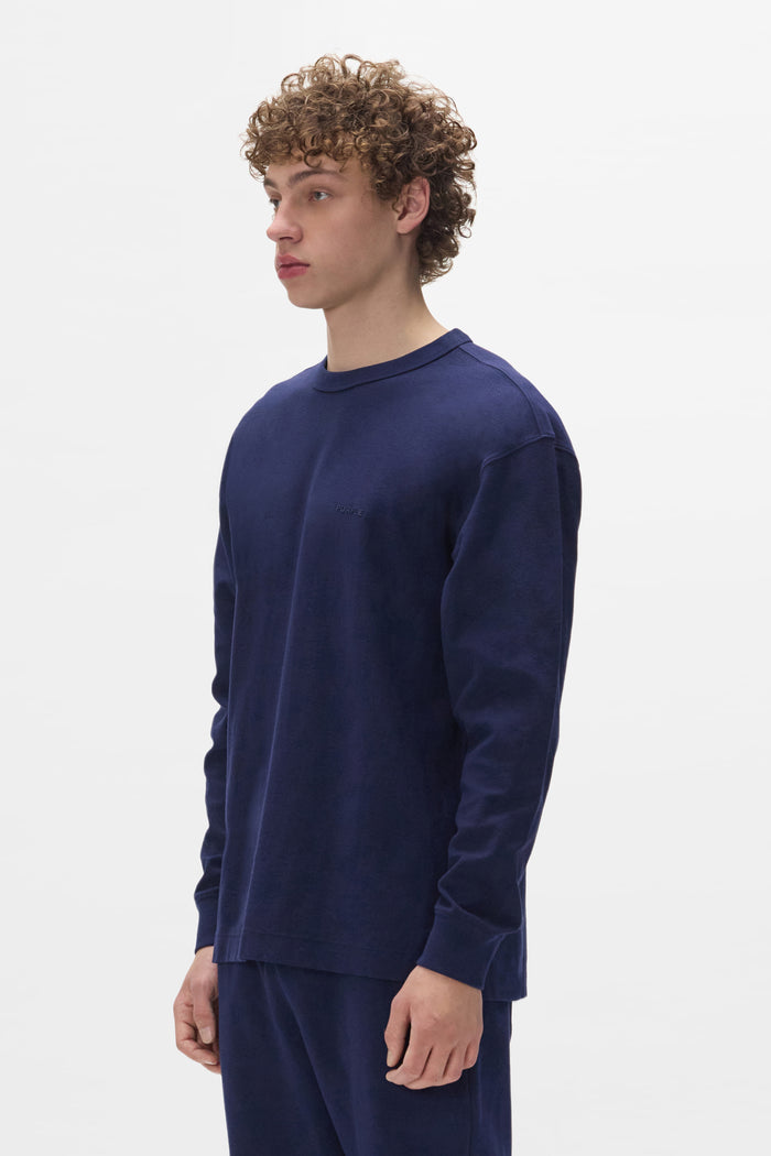 Basic Long Sleeve Tee in Navy, 100% Cotton, Regular Fit, Textured Jersey Knit