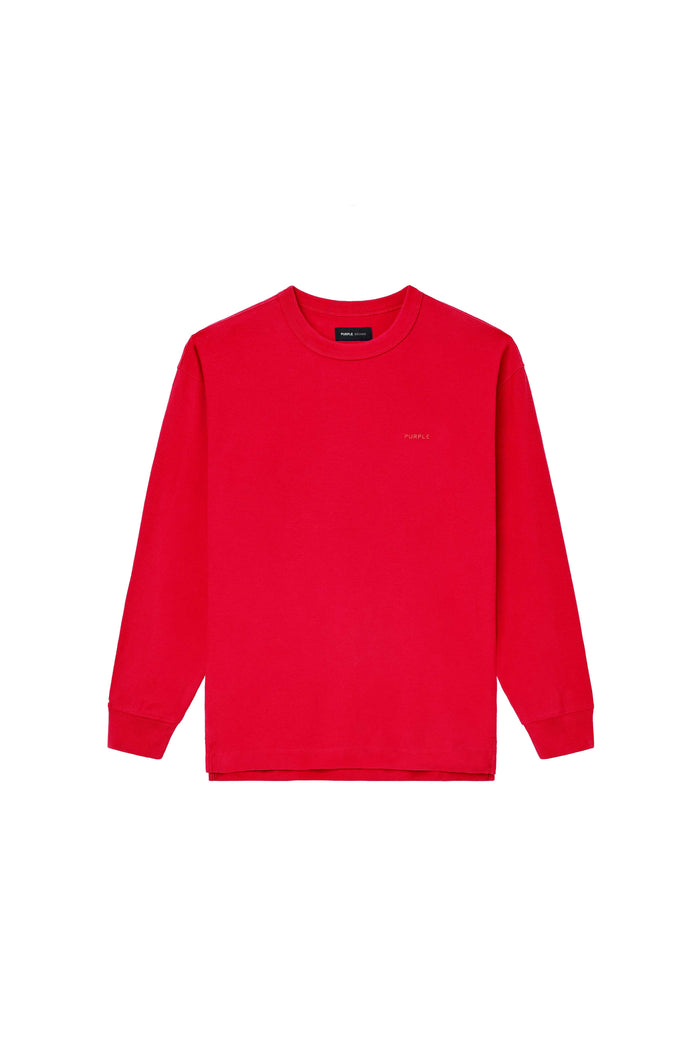 Basic Long Sleeve Tee in red, 100% cotton, regular fit, textured jersey knit, available in multiple sizes.