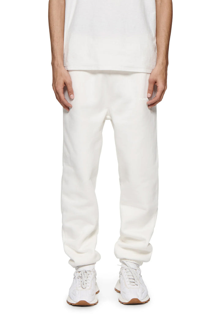 Basic Sweatpant in Ivory, heavyweight fleece knit, regular fit with left thigh screen print.