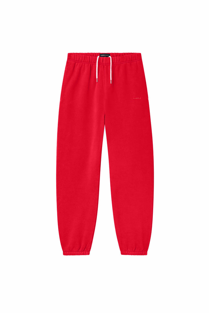 Basic Sweatpant in red, regular fit, heavyweight fleece knit with left thigh logo print.