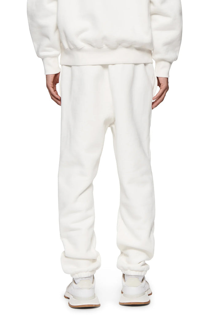 Basic Sweatpant in ivory, regular fit, heavyweight fleece knit, left thigh logo print.