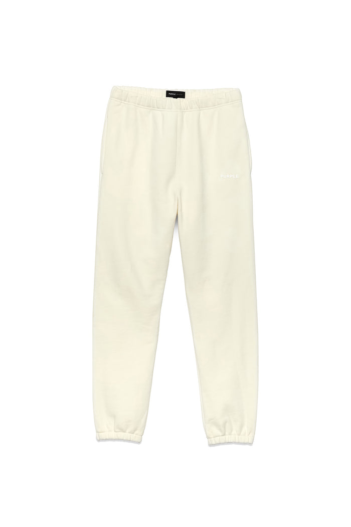 Basic Sweatpant in ivory, regular fit, heavyweight fleece knit with left thigh screen print.