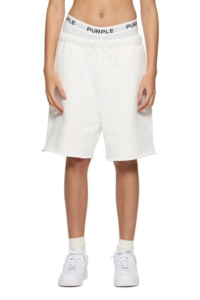 Basic Sweatshort in Ivory, relaxed fit, heavyweight fleece knit, raw hem detailing.