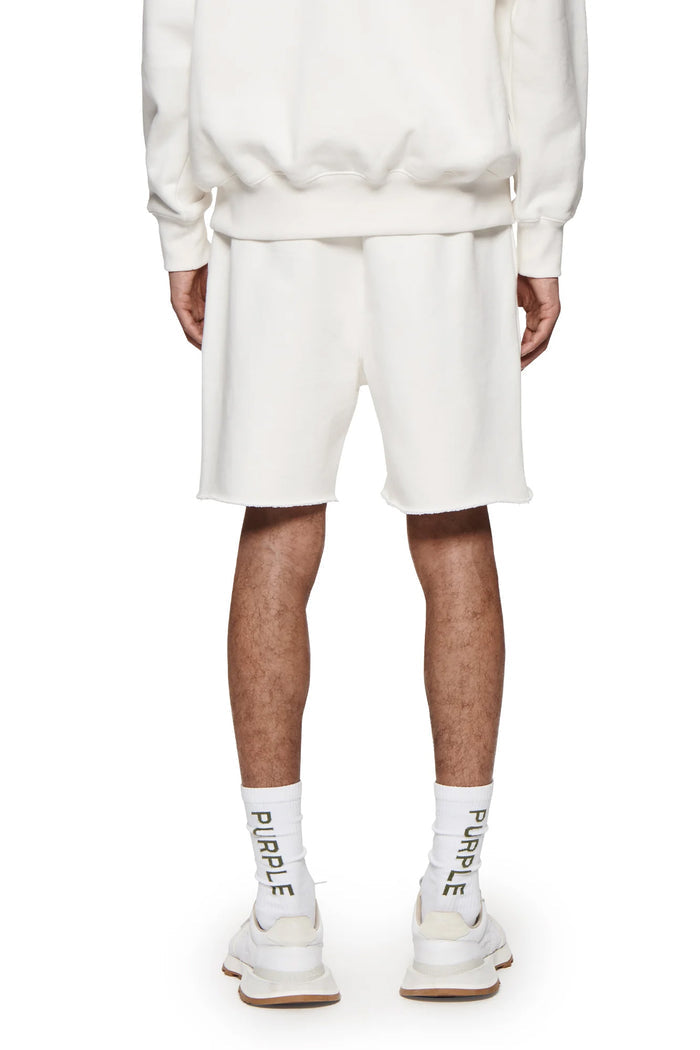 Basic Sweatshort in Ivory, relaxed fit, 100% cotton, heavyweight fleece knit, raw hem.