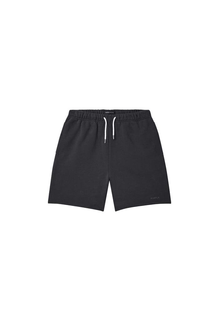Basic Sweatshort in Black, relaxed fit, heavyweight fleece knit with raw hem and Basics logo.