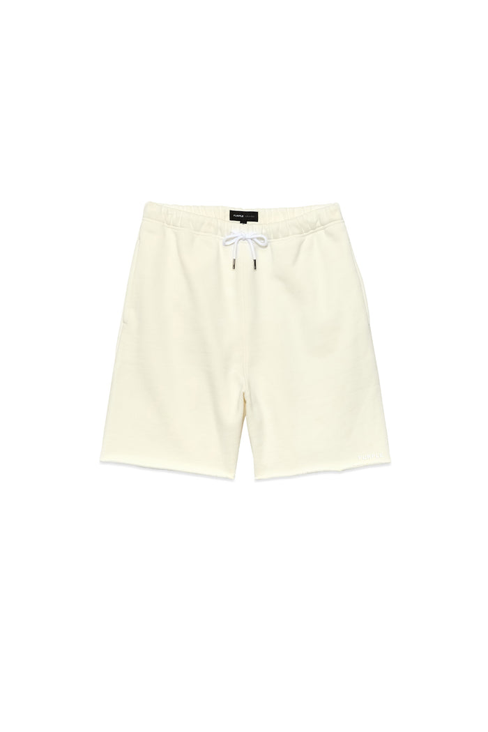 Basic Sweatshort in Ivory, 100% cotton, relaxed fit, heavyweight fleece knit, raw hem.