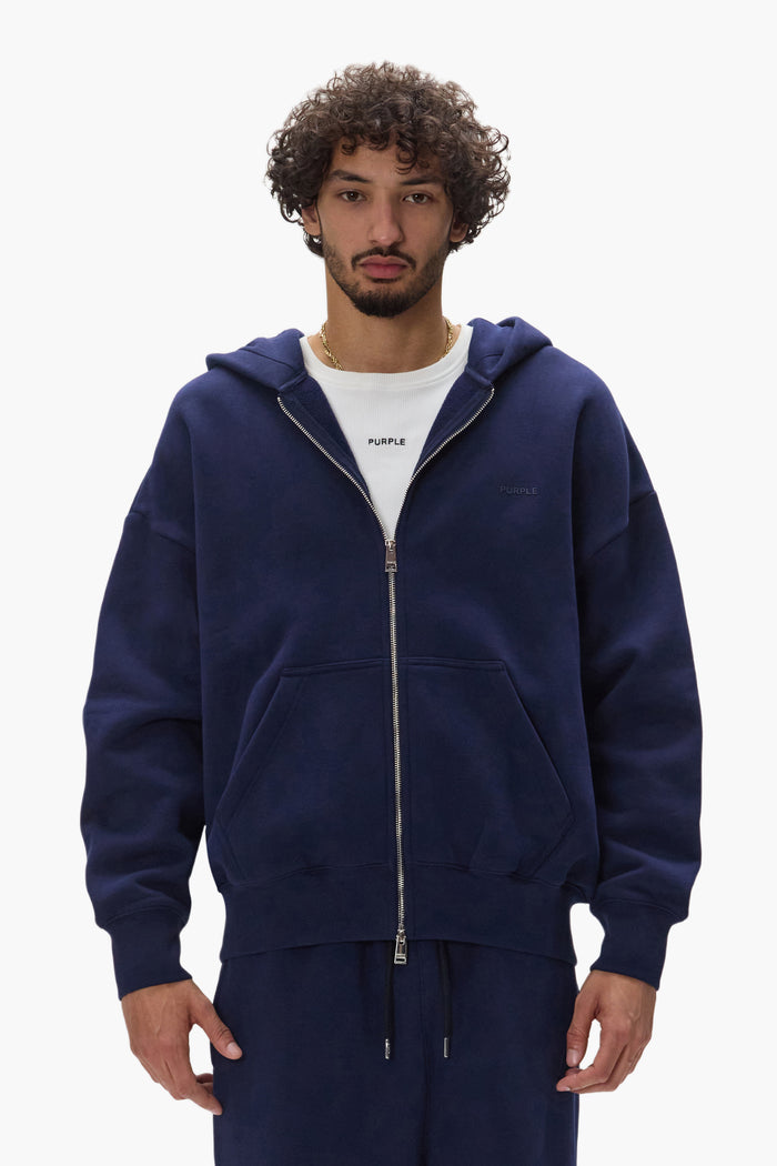 Basic Zip-Up Hoodie in purple with oversized fit and white label, made of 100% cotton.