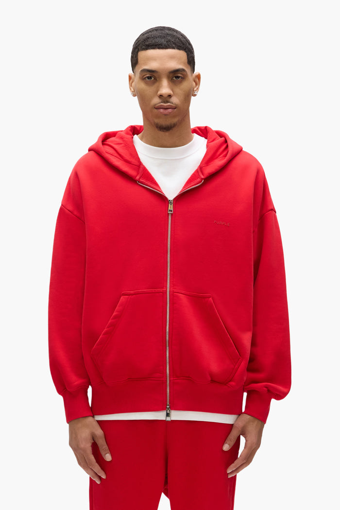 Basic Zip-Up Hoodie in red, oversized fit, 100% cotton, heavyweight fleece knit.