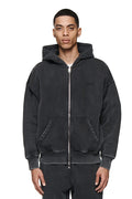 Basic Zip-Up Hoodie in washed black, featuring oversized fit and 100% cotton material.