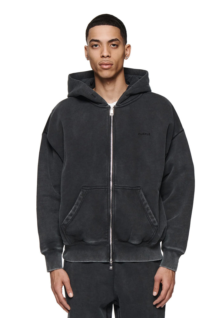 Basic Zip-Up Hoodie in washed black, featuring oversized fit and 100% cotton material.