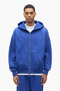 Basic Zip-Up Hoodie in blue with oversized fit and heavy fleece knit for men.
