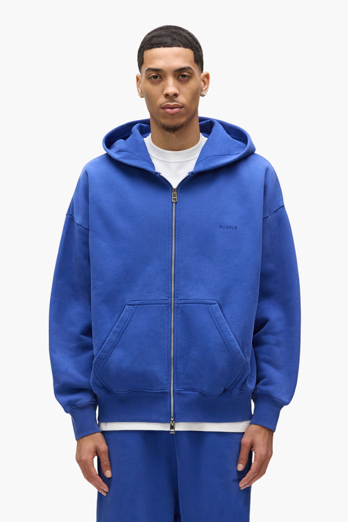 Basic Zip-Up Hoodie in blue with oversized fit and heavy fleece knit for men.