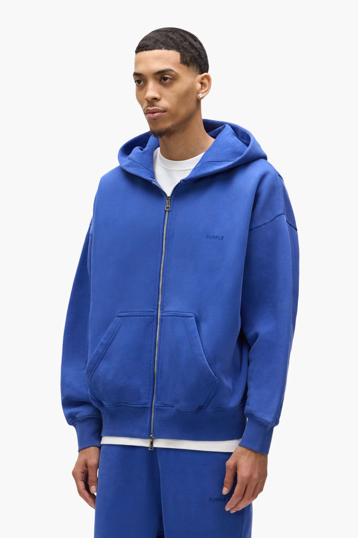 Basic Zip-Up Hoodie in blue, oversized fit, heavyweight fleece knit, with dropped shoulders.