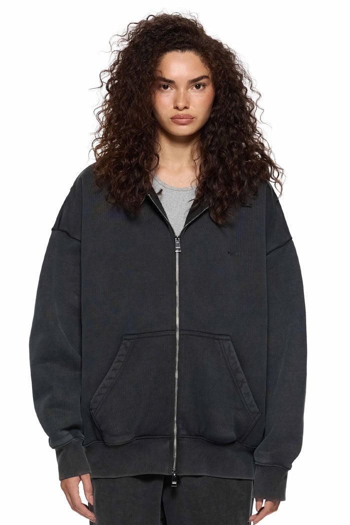 Basic Zip-Up Hoodie in washed black, oversized fit, made of 100% cotton, heavyweight fleece.