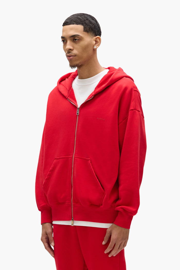 Basic Zip-Up Hoodie in Red, oversized fit, heavyweight fleece knit, 100% cotton.