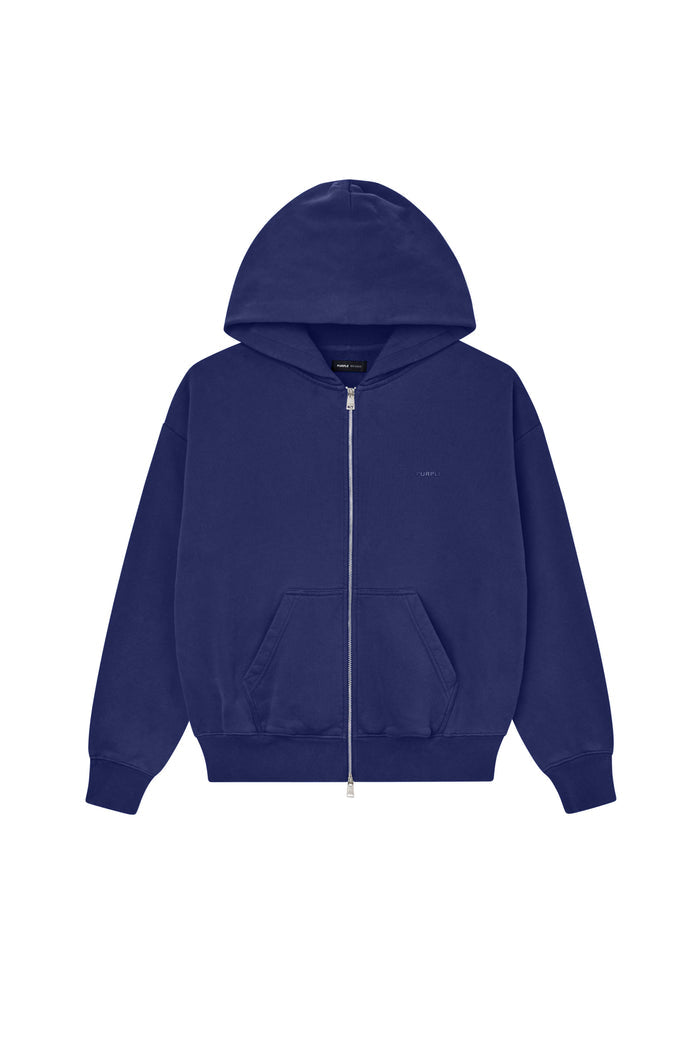 Basic Zip-Up Hoodie in indigo, oversized fit, 100% cotton, heavyweight fleece knit.