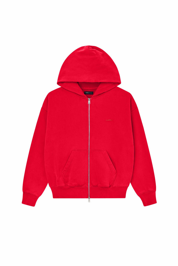 Basic Zip-Up Hoodie Heavyweight Fleece in Red with Oversized Fit and Basics Logo