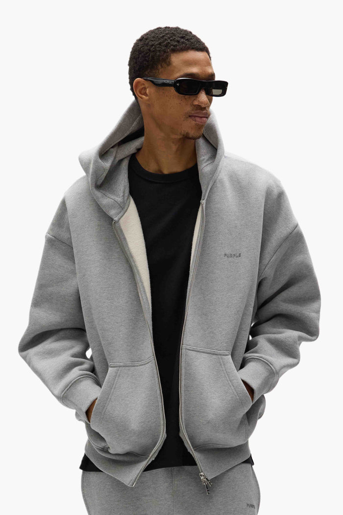 Basic Zip-Up Hoodie in purple, oversized fit, heavyweight fleece knit, with Basics logo.