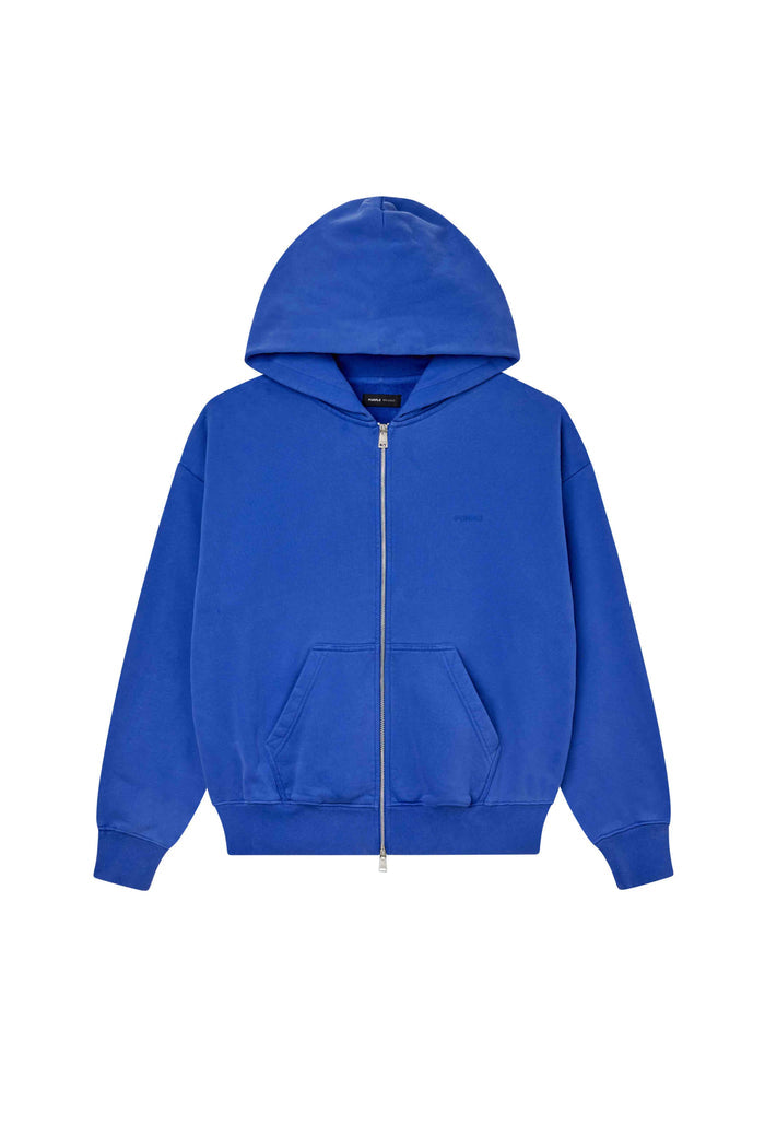 Basic Zip-Up Hoodie in purple, oversized fit, made of 100% cotton with dropped shoulders.