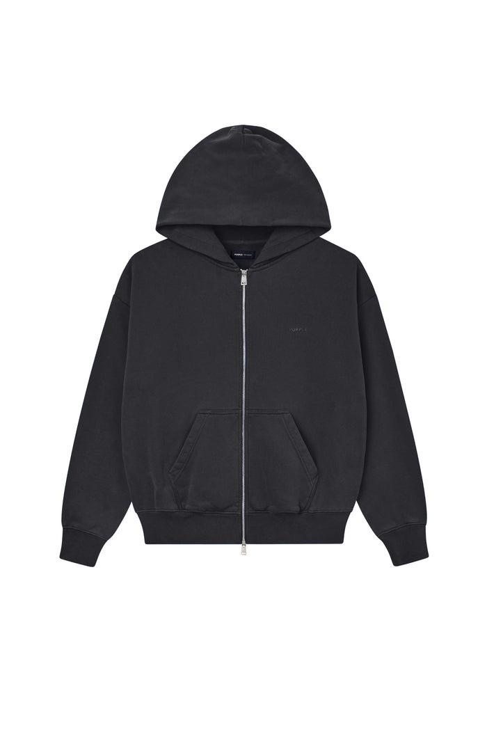 Basic Zip-Up Hoodie in Black, oversized fit, heavyweight fleece knit, dropped shoulders.