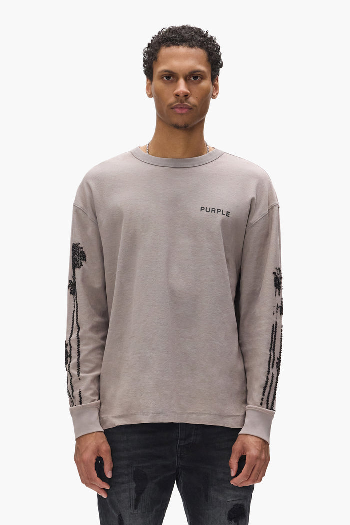 Beaded Palms Long Sleeve Tee in faded wash with silicone print and beading detail.