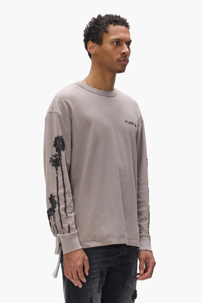 Beaded Palms Long Sleeve Tees in Faded Wash with silicone print and beading details