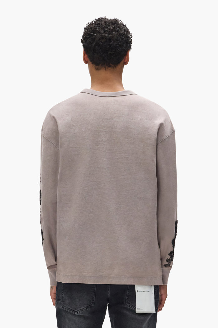Beaded Palms Long Sleeve Tee with textured jersey and faded wash, available in sizes XS to 3XL.